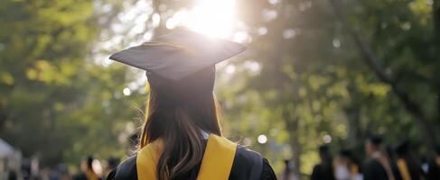 The graduate enjoying the moment under the warm sunlight at a ceremony. photo