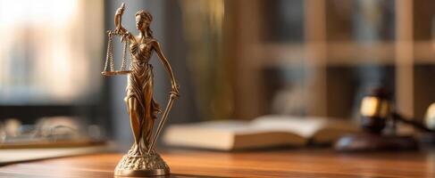 The beautiful bronze statue of Justice symbolizing law and order in an office setting. photo