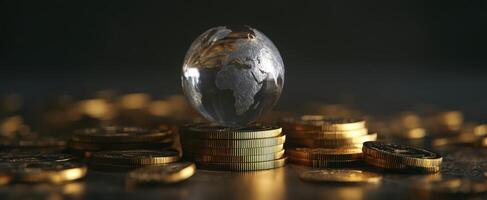 The globe resting on stacks of gold coins representing global wealth and finance. photo