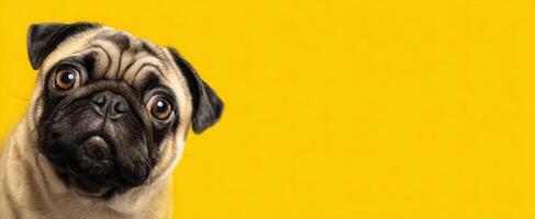 The playful pug with expressive eyes on a vibrant yellow background. photo