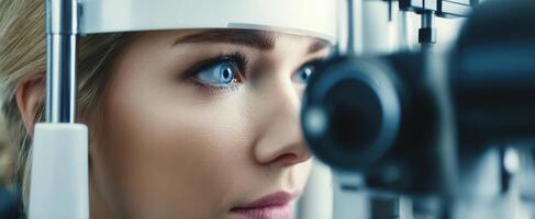 The woman undergoing an eye examination in a professional optical clinic. photo