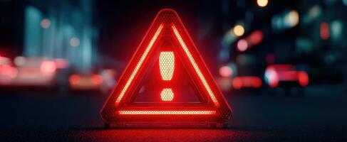The warning triangle signaling urgency on a dark urban road. photo