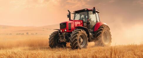 The red tractor working in a golden wheat field at sunset. photo