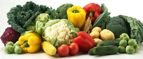 The vibrant assortment of fresh vegetables beautifully arranged on a white background. photo