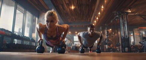 The Fitness Enthusiasts Engaging in Intense Push-Up Workout in a Modern Gym photo