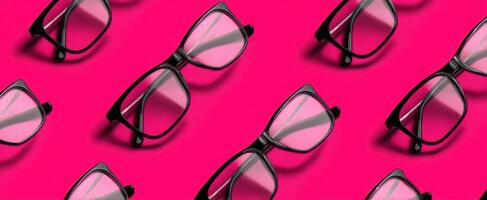 The stylish black glasses arranged on vibrant pink background. photo