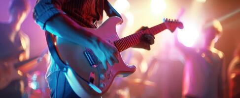 The guitarist passionately performing under vibrant stage lights at a live concert. photo