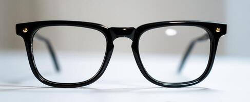 The stylish black eyeglasses with clear lenses on a minimalist background. photo