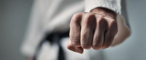 The determined fist of a martial artist showcasing strength and confidence. photo