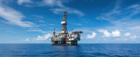 The offshore oil rig amidst a vast blue ocean under a clear sky. photo