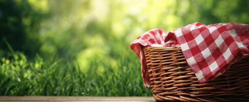The rustic picnic basket adorned with a checkered blanket in nature's embrace. photo