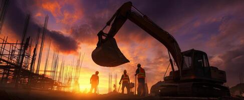 The excavator operating at a construction site under a stunning sunset. photo