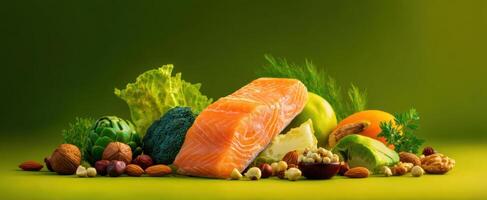 The vibrant arrangement of fresh salmon and assorted vegetables on a green background. photo