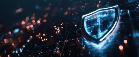 The glowing shield symbolizing digital security and technological innovation. photo