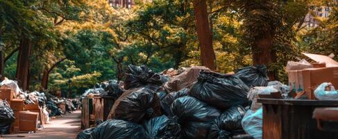 The overflowing trash bags cluttering a beautiful urban park scene. photo