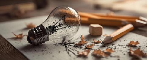 The lightbulb idea surrounded by tools of creativity and inspiration. photo