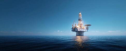 The offshore oil rig illuminated against a serene ocean backdrop at dusk. photo