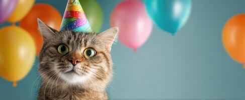 The adorable cat wearing a party hat amidst colorful balloons at a celebration. photo