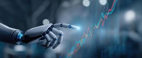 The robotic hand interacting with digital financial data and trends. photo