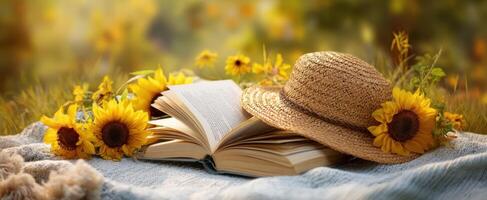 The open book and straw hat amidst cheerful sunflowers in a serene setting. photo