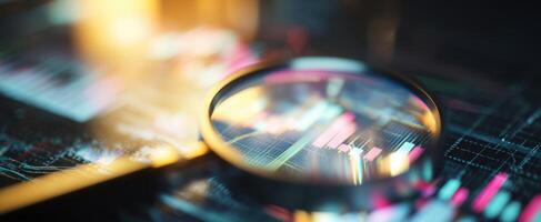 The magnifying glass highlighting financial data and market trends. photo