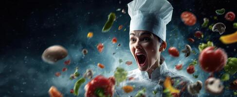The energetic chef passionately creating a vibrant culinary explosion in the kitchen. photo