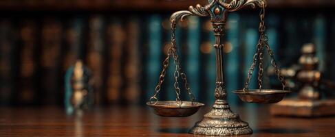 The elegant scales of justice on a polished wooden table in a law office. photo