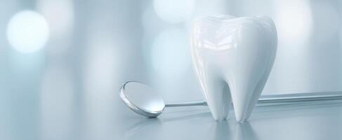 The shiny dental tooth and examination mirror on a bright background. photo