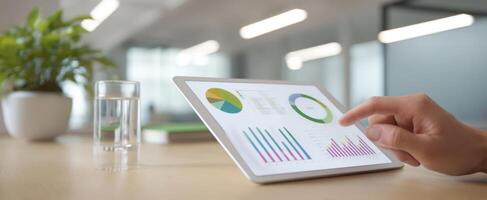 The tablet displaying detailed analytics in a modern office setting. photo