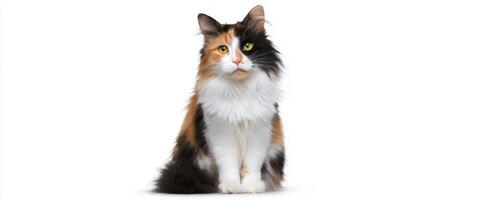 The charming calico cat sitting patiently with a curious expression photo