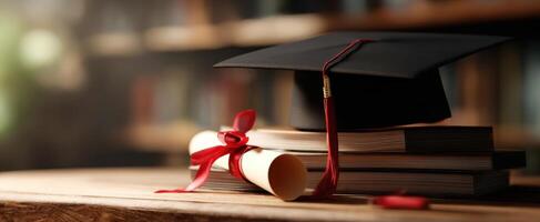 The Graduation Cap and Diploma Surrounded by Books on a Rustic Desk photo