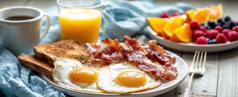 The delectable breakfast plate with eggs, bacon, toast, and fresh fruit. photo