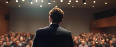 The speaker captivating an audience at a professional conference presentation. photo