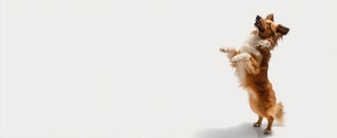 The playful dog standing on hind legs in a bright studio setting. photo