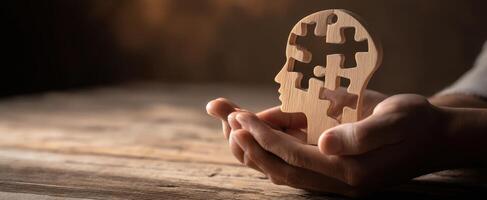 The Wooden Puzzle Head Symbolizing Creative Thinking and Problem-Solving. photo