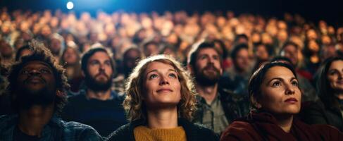 The audience captivated by a cinematic experience in a vibrant theater. photo