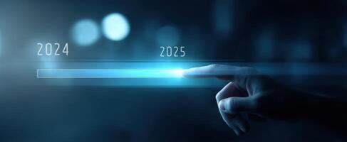 The hand interacting with a futuristic timeline from 2024 to 2025. photo