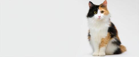 The adorable calico cat sitting on a soft white background. photo