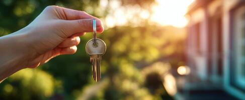 The keys held up in sunlight symbolizing new beginnings and home ownership photo