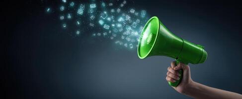 The green megaphone projecting digital communication and social media icons. photo