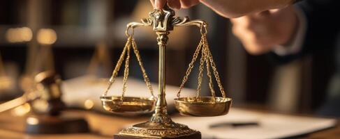 The scales of justice being held by a hand in a legal setting photo