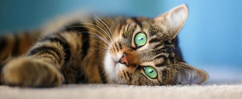 The playful tabby cat lounging comfortably with captivating green eyes. photo
