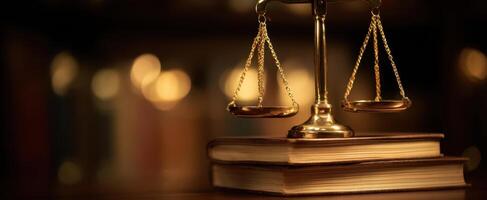 The golden scales of justice resting on law books in a warm library setting. photo