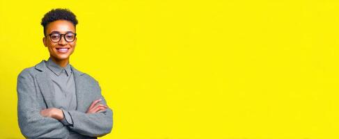 The confident young professional smiling against a vibrant yellow background. photo