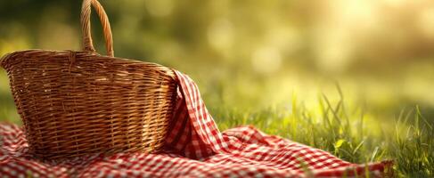 The cozy picnic basket resting on a checkered blanket in a sunlit park photo