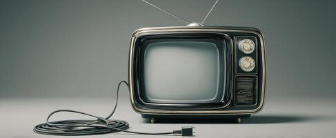 The vintage television set with an unplugged cord against a minimalist background. photo