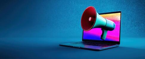 The laptop with a megaphone symbolizing digital communication power photo