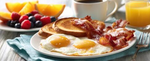 Breakfast with bacon, eggs and toast photo