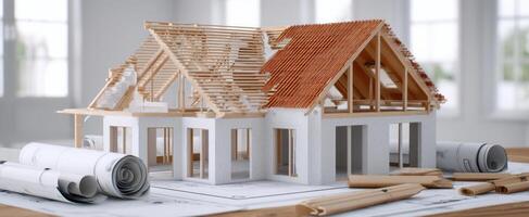 The detailed architectural model of a home under construction with plans. photo