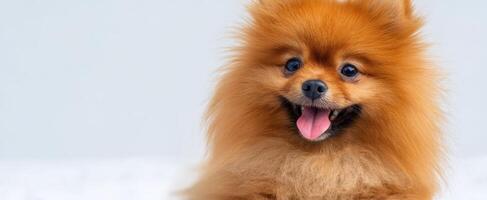 The adorable Pomeranian smiling with joy in a cozy indoor setting. photo